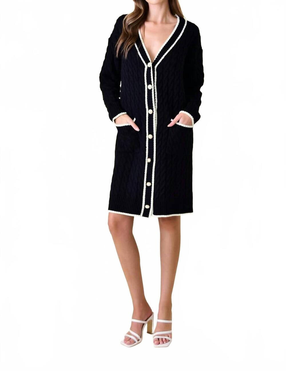 NEW BEULAH coco chanel style cable long mini sweater dress in black/cream